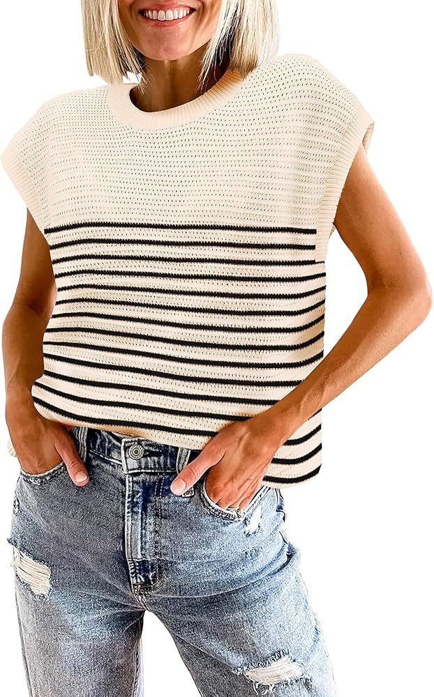 Zeagoo Women's Cap Sleeve Sweaters Vest Crew Neck Knit Sweater Tops 2025 Casual Summer Sleeveless... | Amazon (US)