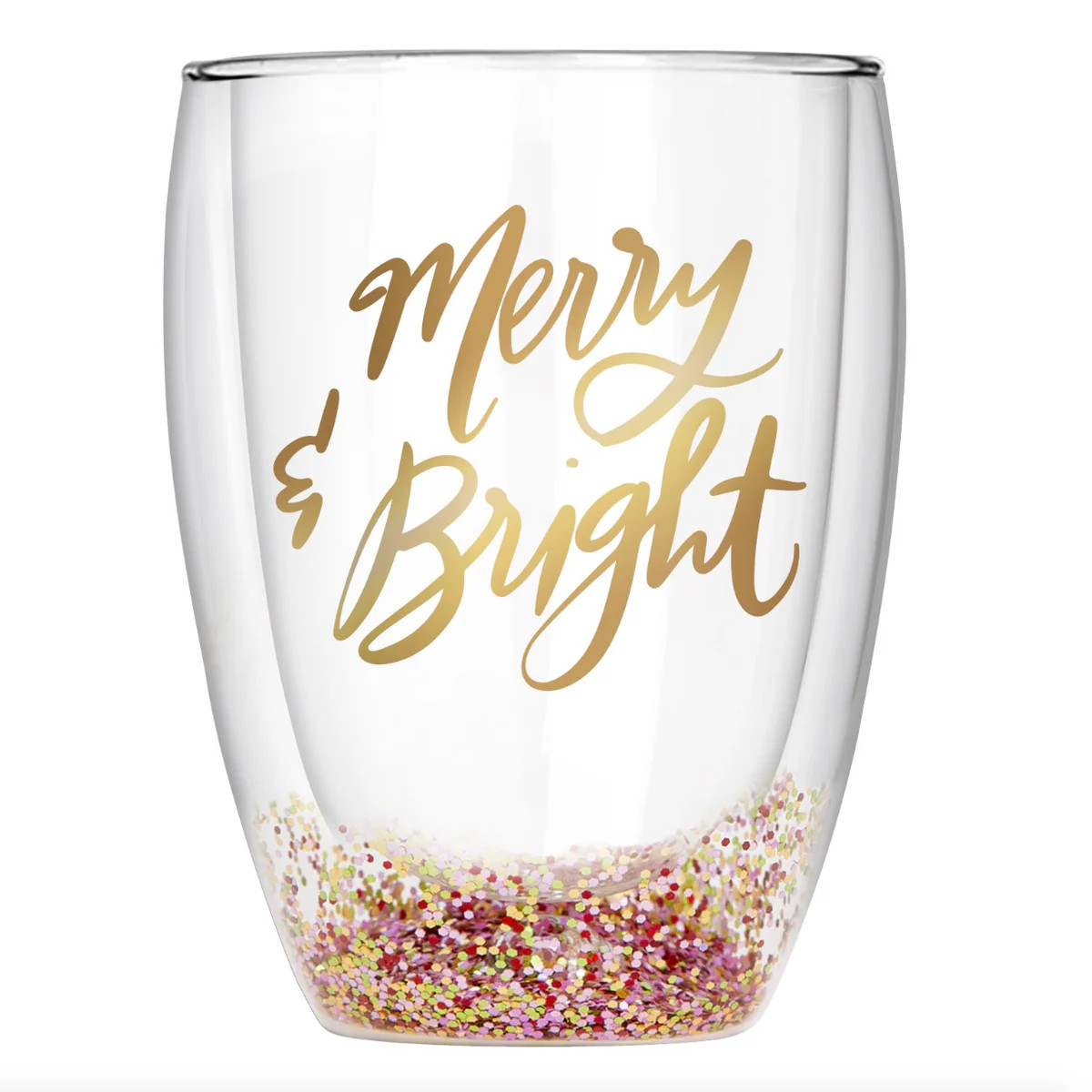 Merry & Bright Glitter Double Wall Stemless Wine Glass | Thimblepress