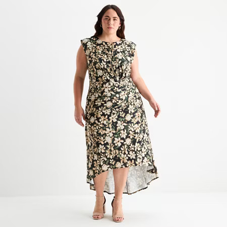 Premier Amour Womens Plus Sleeveless Floral High-Low Fit + Flare Dress, 16w, Black | JCPenney