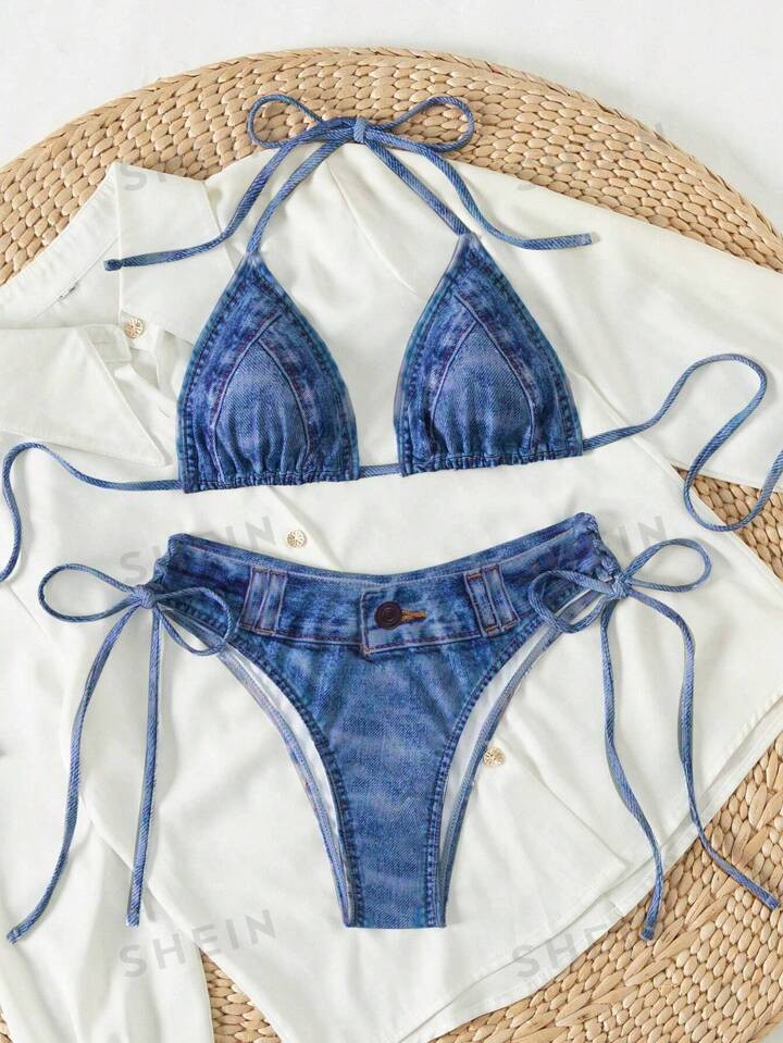 SHEIN Swim Vcay Womens Vacation Imitation Denim Print Halter Neck Lace-Up Sexy Bikini Two-Piece S... | SHEIN