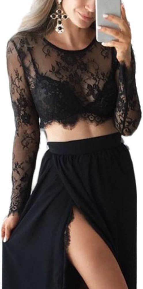 Sexy Lace Sheer Mesh Crop Tops for Women Long Sleeve Mesh Lace Trim Shirt Sheer See Through Top B... | Amazon (US)