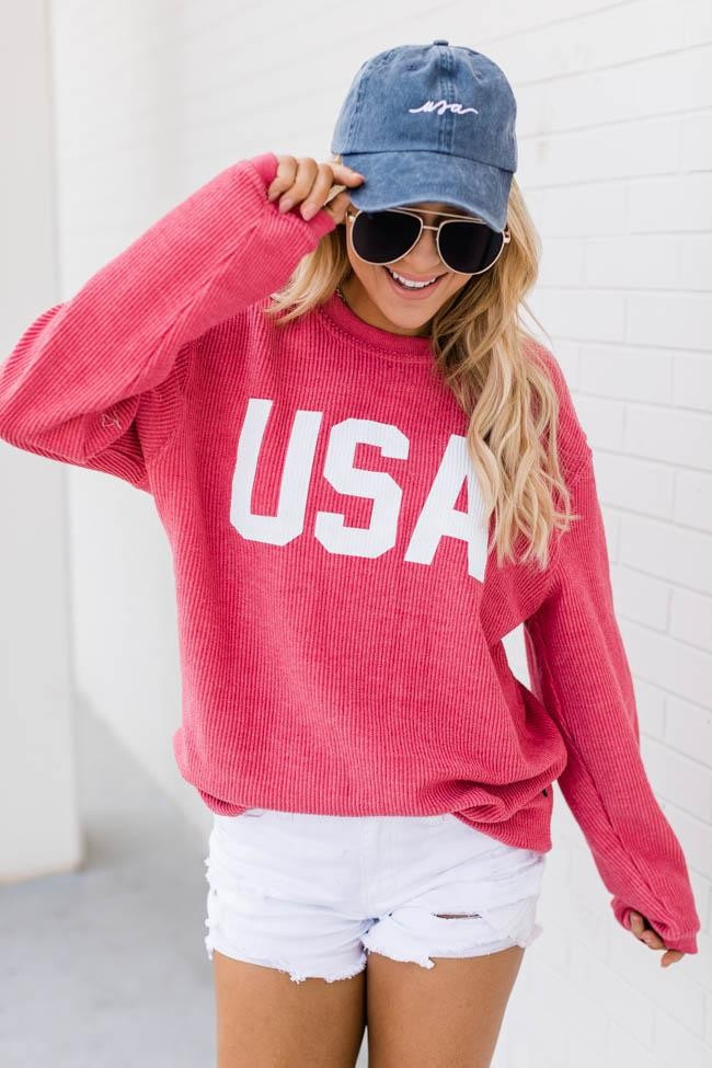 Jersey USA Graphic Red Corded Sweatshirt | The Pink Lily Boutique