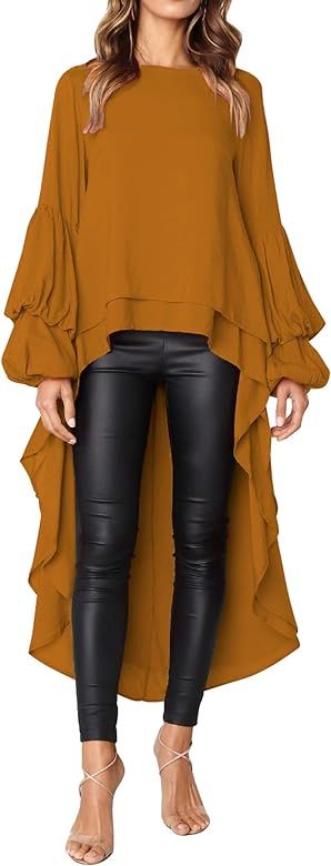 PRETTYGARDEN Women's Lantern Long Sleeve Round Neck High Low Asymmetrical Irregular Hem Casual To... | Amazon (US)