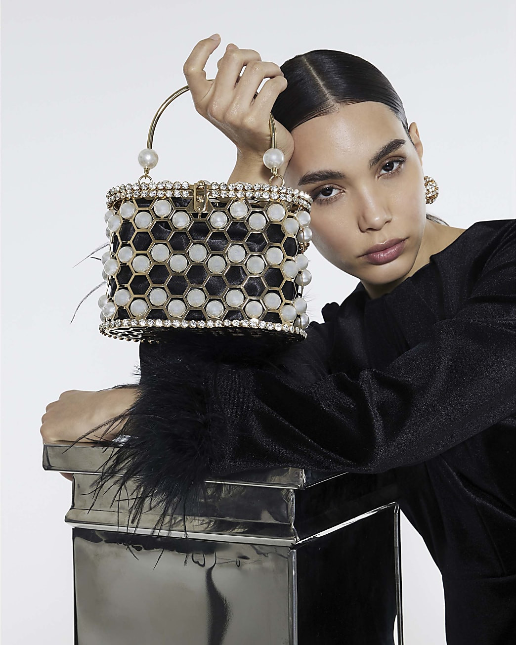Gold Pearl Cage Basket Clutch Bag | River Island UK & IE