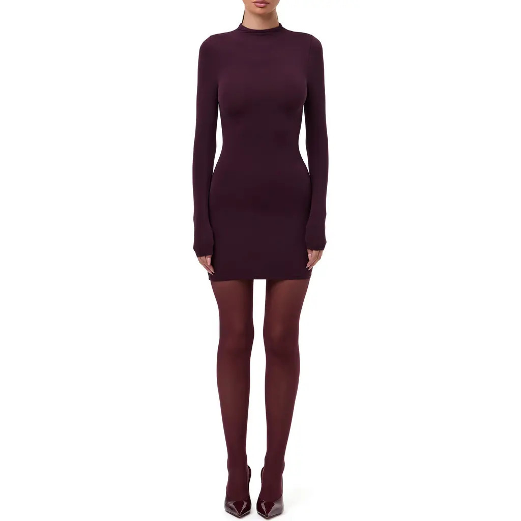 Naked Wardrobe Long Sleeve Mock Neck Minidress in Dark Plum at Nordstrom, Size Large | Nordstrom