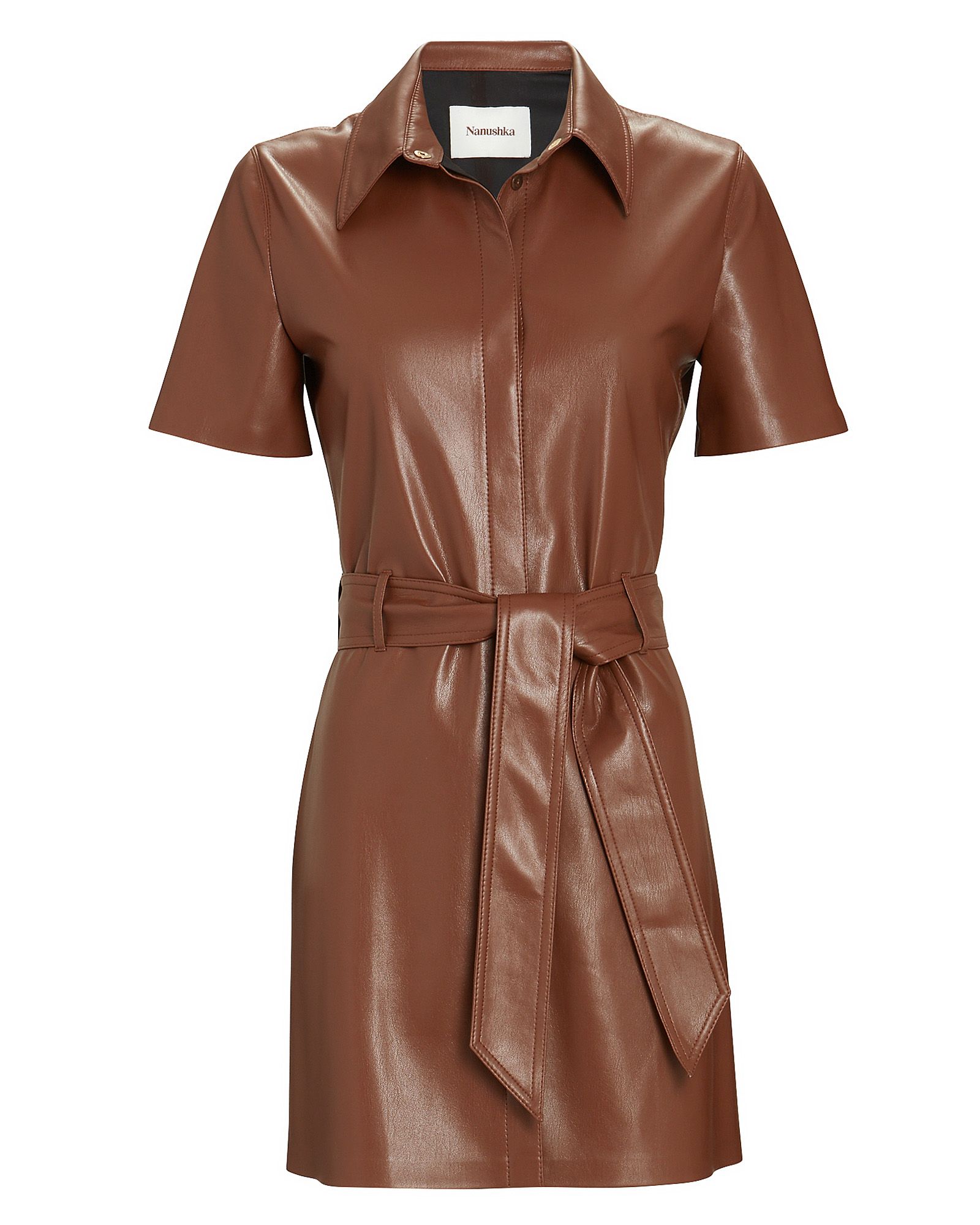 Nanushka Halli Vegan Leather Shirt Dress, Brown M | INTERMIX