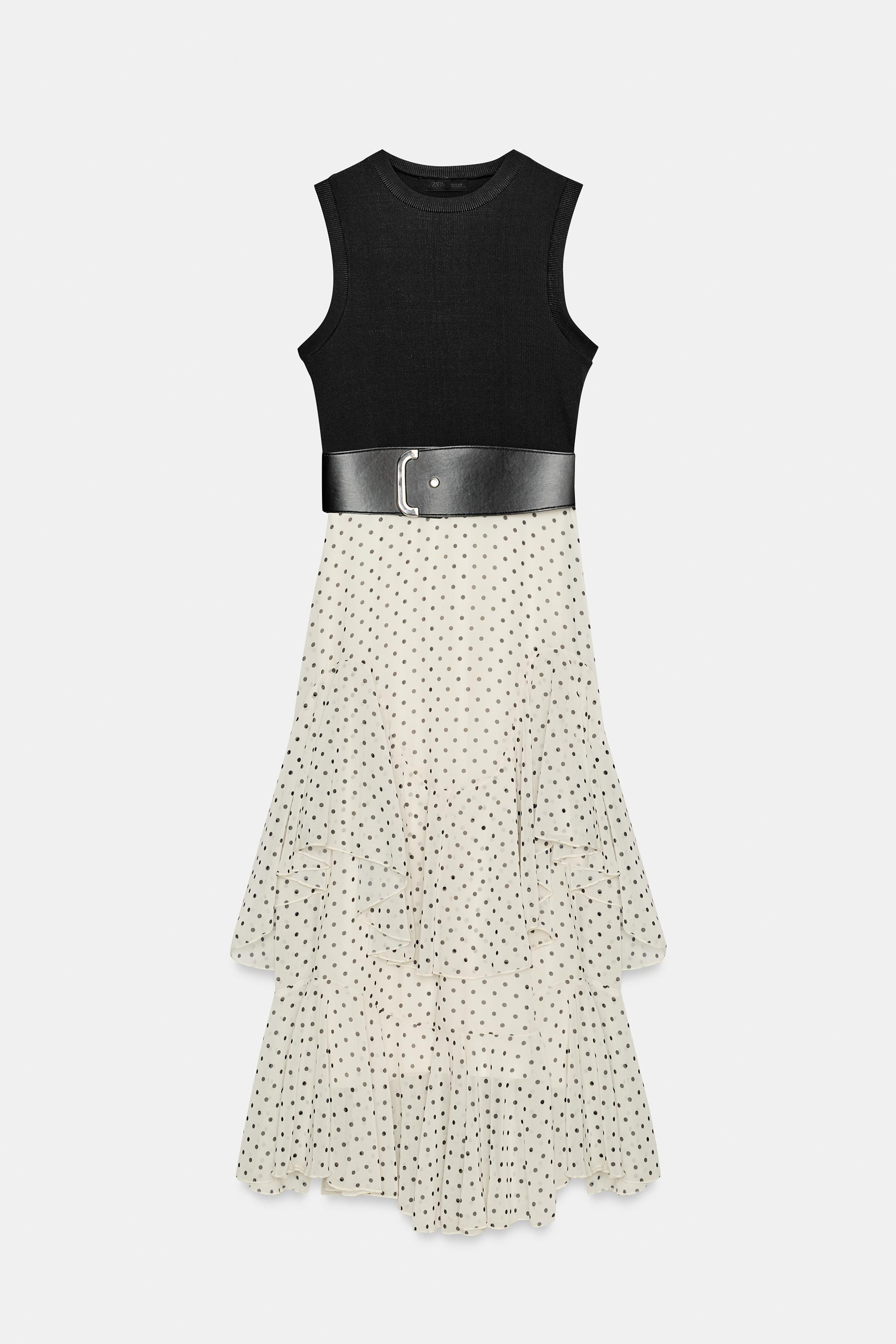 Round neck sleeveless midi dress. Featuring a contrast skirt with ruffle details and a belt. Line... | Zara UK