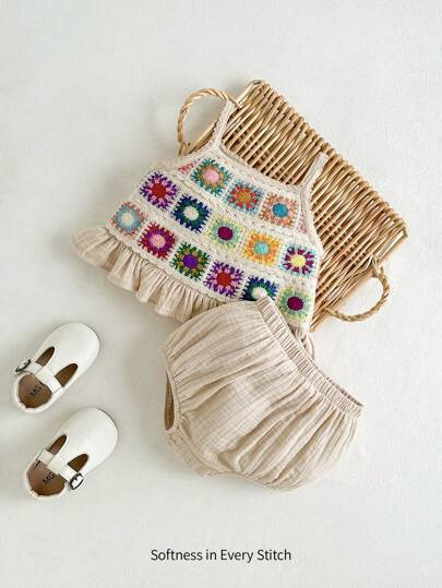 Cozy Pixies Baby Girl Colorful Crochet Tape Splicing Camisole Top And Ruffle Hem Shorts Set In Ap... | SHEIN