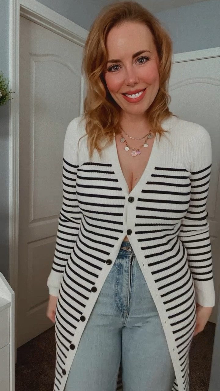 Styling this striped button up midi dress 3 ways! ✨ As a dress, as a top and as a cardigan. Love the versatility of this one 😍

#LTKStyleTip #LTKMidsize #LTKOver40