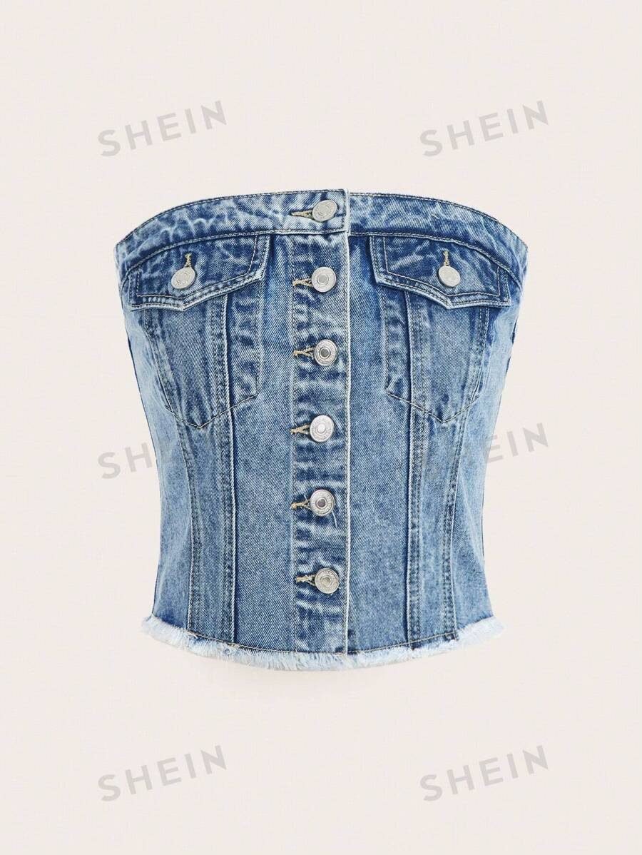SHEIN MOD Raw Hem Button Front Tube Denim Top | SHEIN