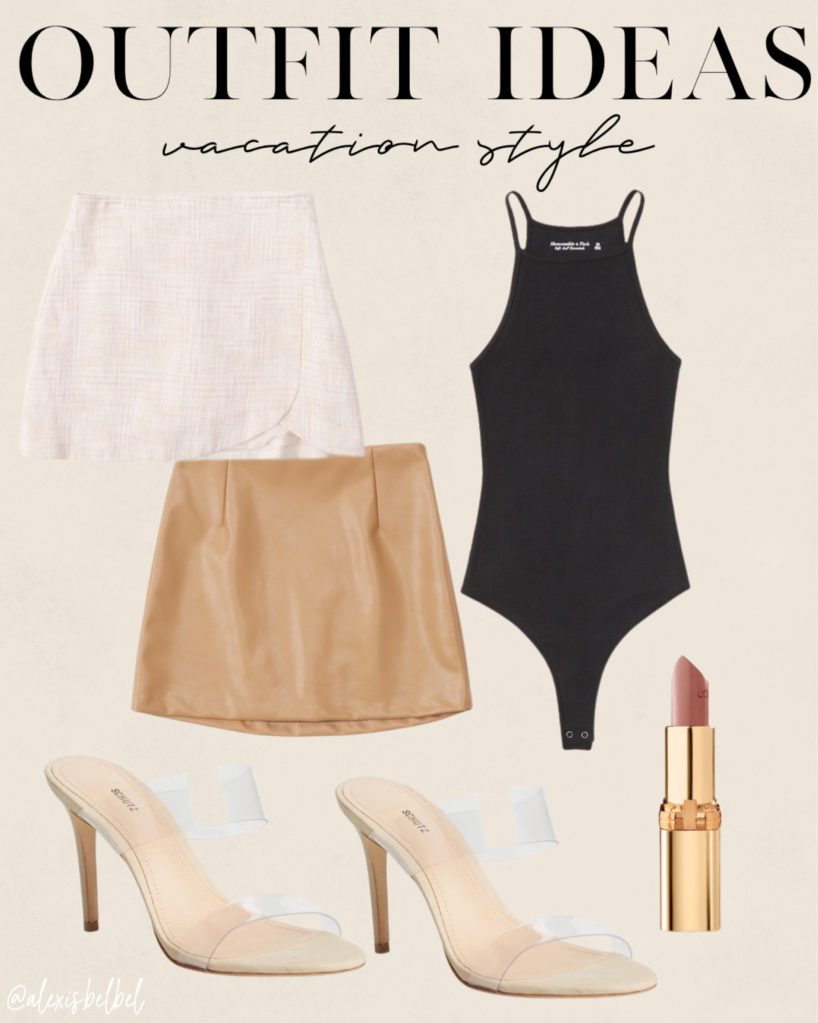 Vacation outfit faux leather skirt, tweed skirt size Xs, black bodysuit size Xs 

#LTKunder100 #LTKSeasonal #LTKunder50