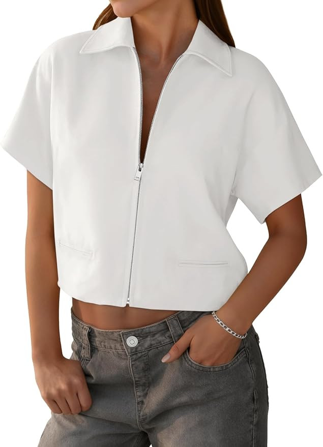 Tankaneo Womens Trendy Vest Top Summer Casual Short Sleeve Zip Up Blazer Cropped Loose Fit Collar... | Amazon (US)