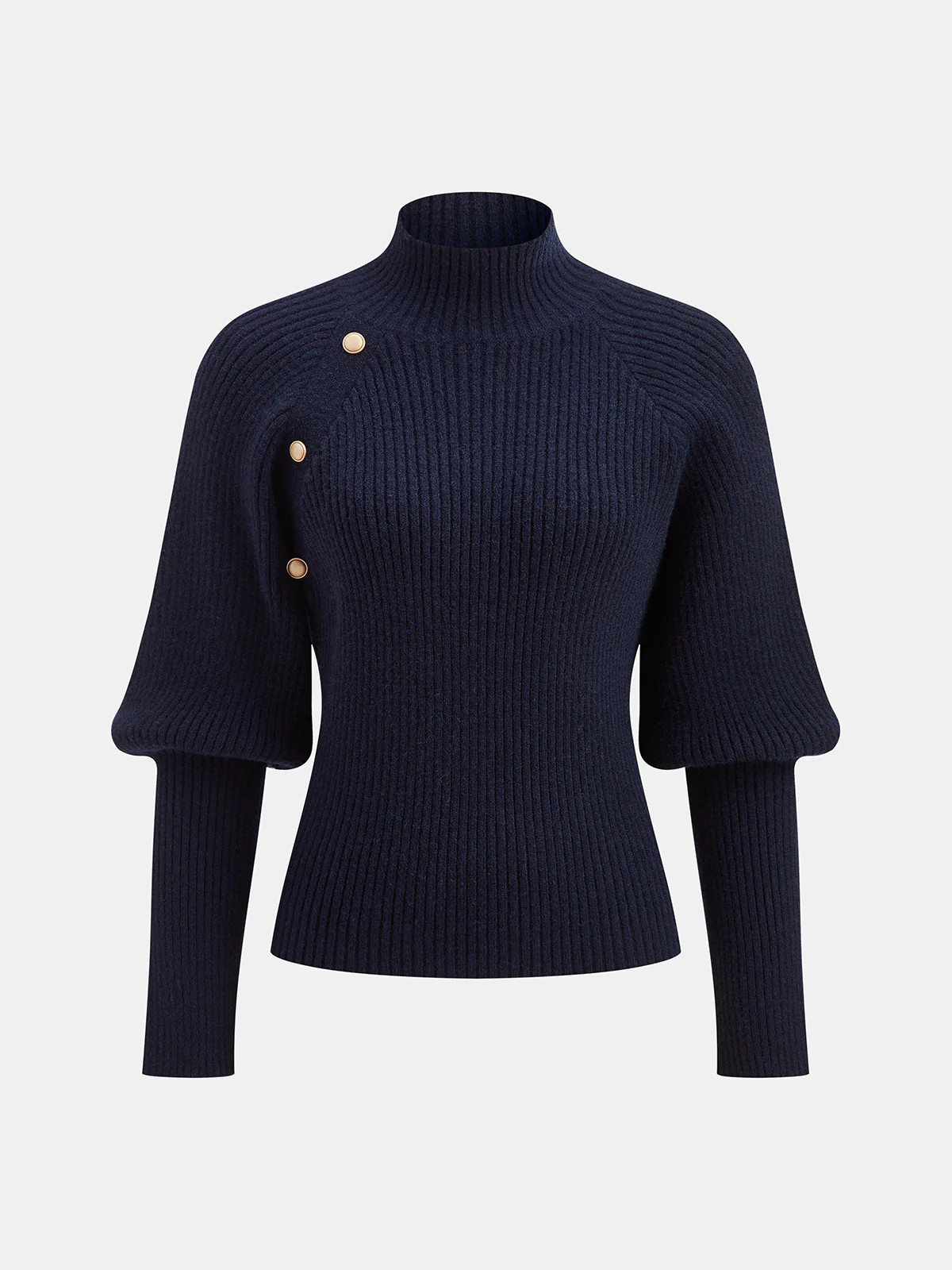Metal Detail Mock Neck Puff Sleeve Sweater | Commense