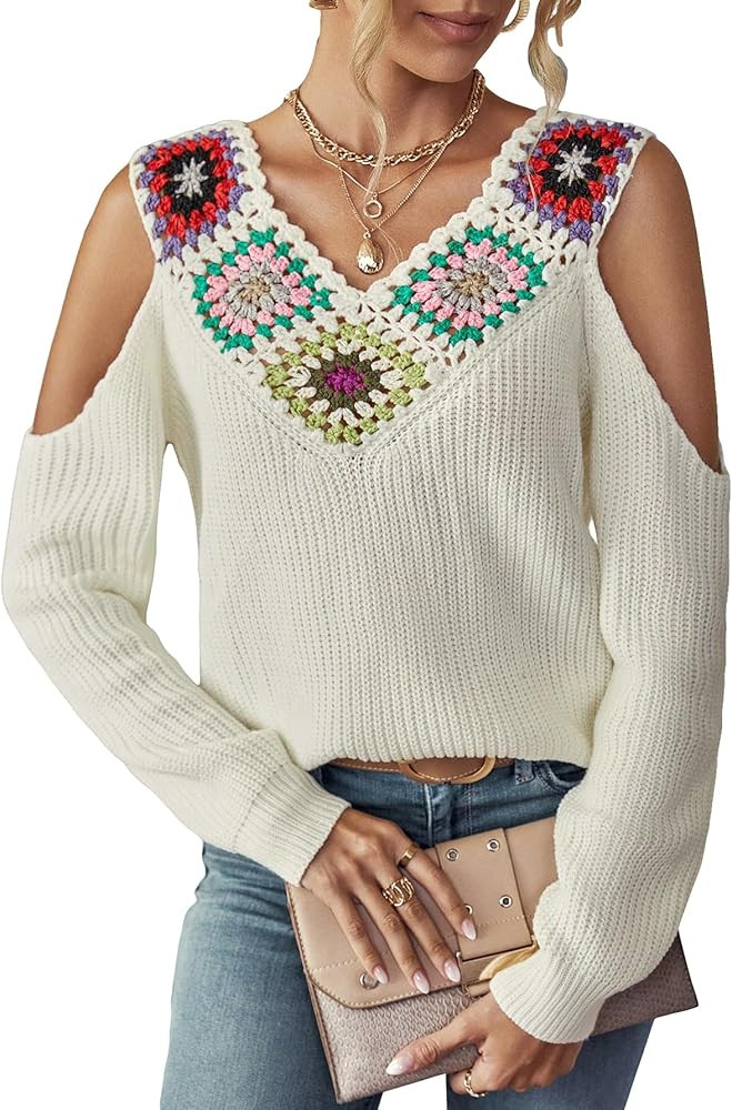 SHENHE Women's Crochet Floral Print Cold Shoulder V Neck Cut Out Sweater Jumper Top | Amazon (US)