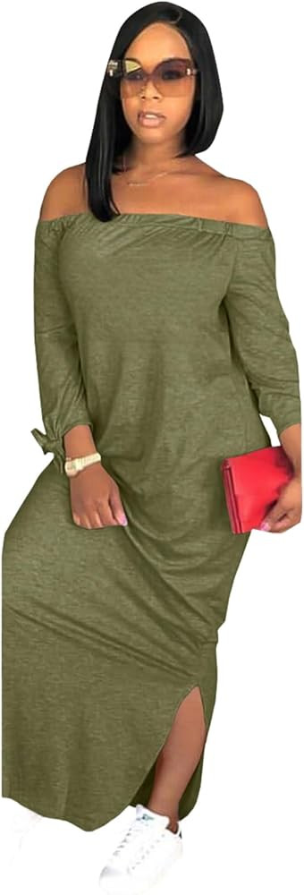 OLUOLIN Women's Casual Letter Print Off Shoulder Long Sleeve Bowknot Sides Slit Loose Long T-Shir... | Amazon (US)