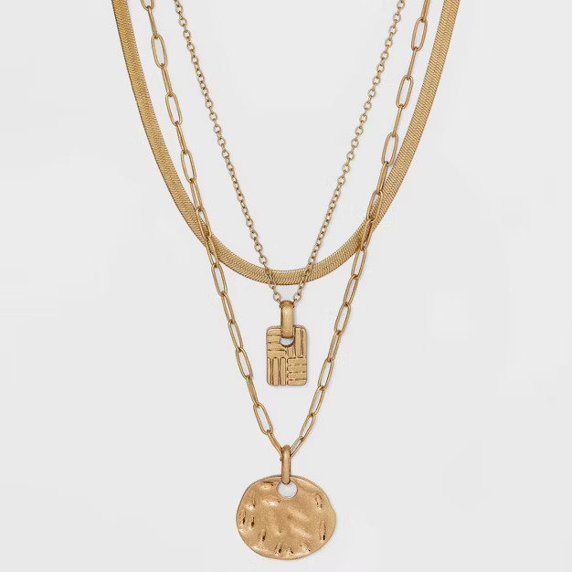 Textured Dog Tag and Disc Charm Layered Chain Necklace - Universal Thread™ Worn Gold | Target