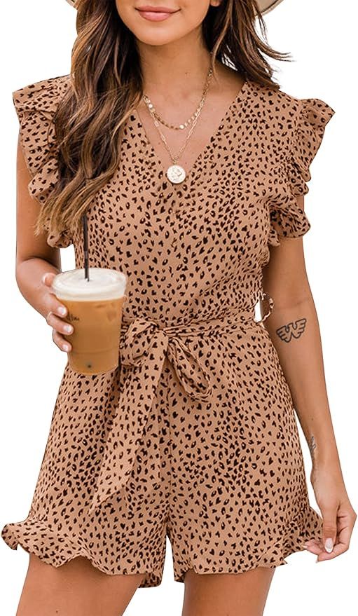 Blooming Jelly Womens Short Rompers V Neck Leopard Print Ruffled Cap Sleeves Romper Summer Casual... | Amazon (US)