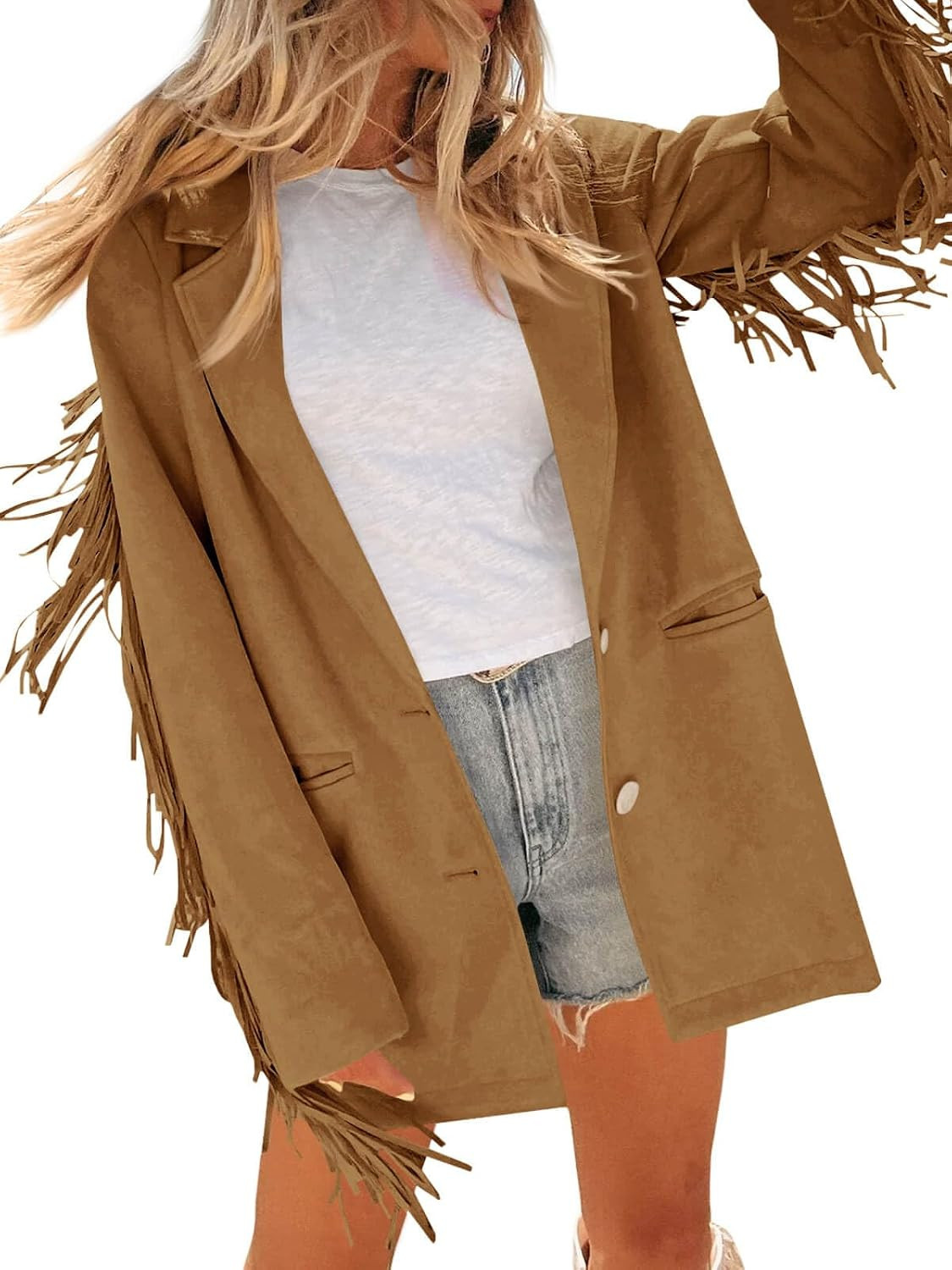 Cicy Bell Womens Faux Suede Fringe Jacket Casual Blazer Button Suit Jackets | Amazon (US)