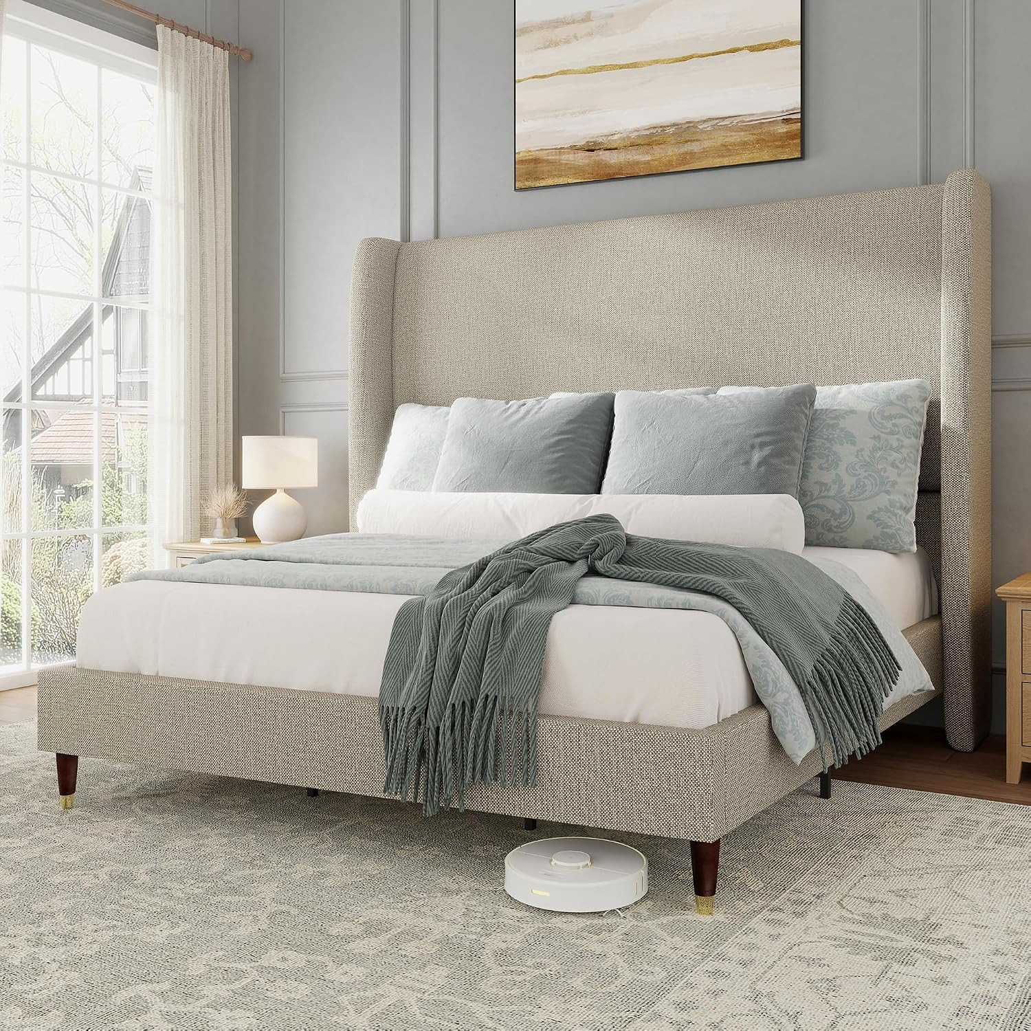 Jocisland Queen Size Bed Frame 51.2" Wingback Headboard Linen Upholstered Platform Bed,Solid Wood Legs & Wooden Slats,No Box Spring Needed,Noise-Free,for Family Guest Room Cozy Home,Brown | Amazon (US)