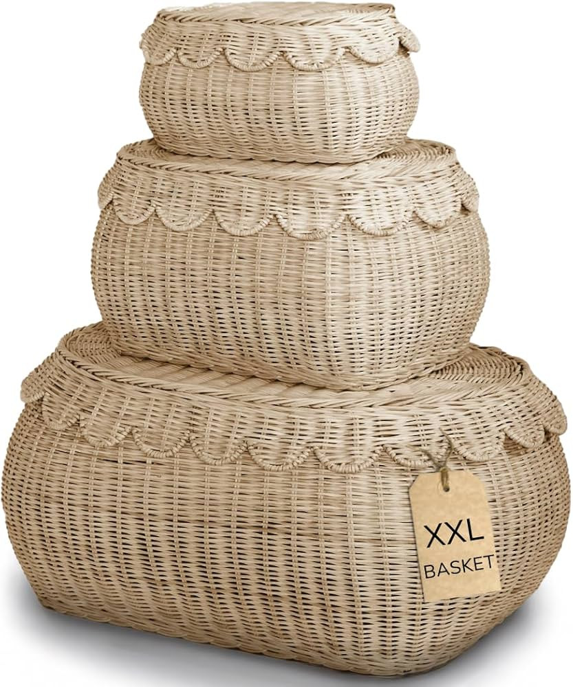 Large Scalloped Basket Set Of 3 - Hand-Woven & Award-Winning Scallop Basket - XXL - Extra Large f... | Amazon (US)