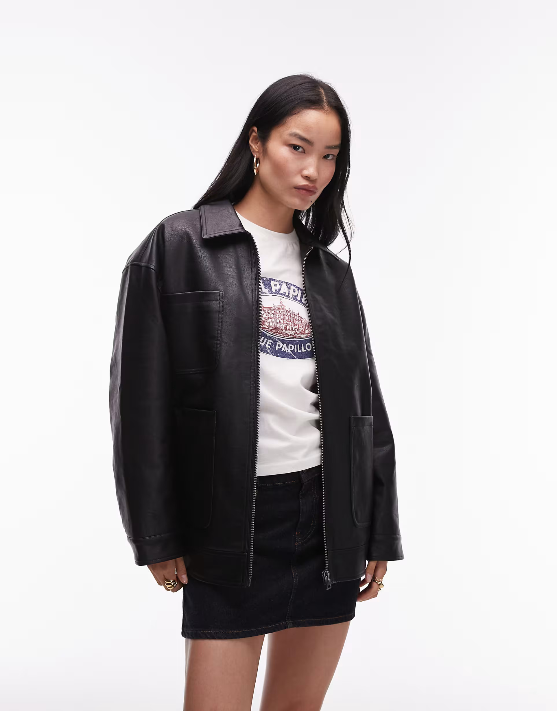 Topshop faux leather zip through 80s jacket with patch pockets in black | ASOS (Global)