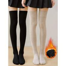 2pairs/Pack Women Over-The-Knee Socks, Solid Color Thigh High Socks, Thick Warm Thermal Lined, Casual & Versatile, Suitable For Students And Adults In | SHEIN