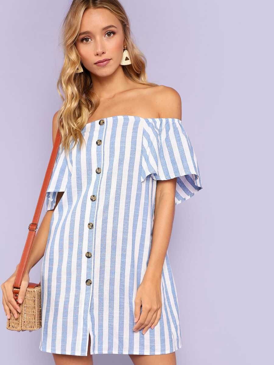 Off Shoulder Button Up Striped Dress | SHEIN