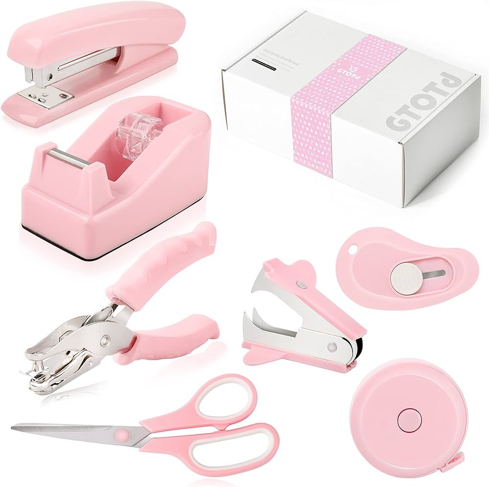 GTOTd Pink Desk Accessories Kit Includes Desktop Staple,Stapler Remove,Single Hole Punch,Tape Dis... | Amazon (US)