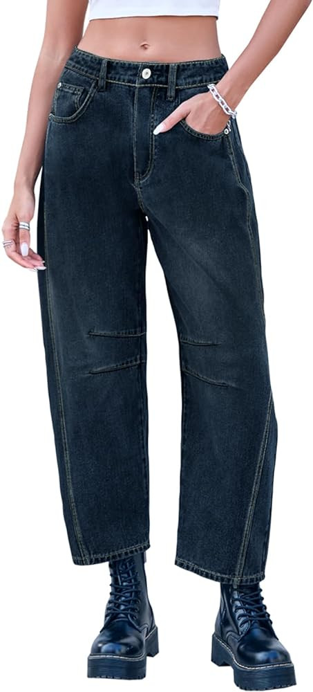 Mid Rise Barrel Jeans for Women Wide Leg Mid Waist Cropped Denim Pants Y2k Baggy Boyfriend Jeans ... | Amazon (US)