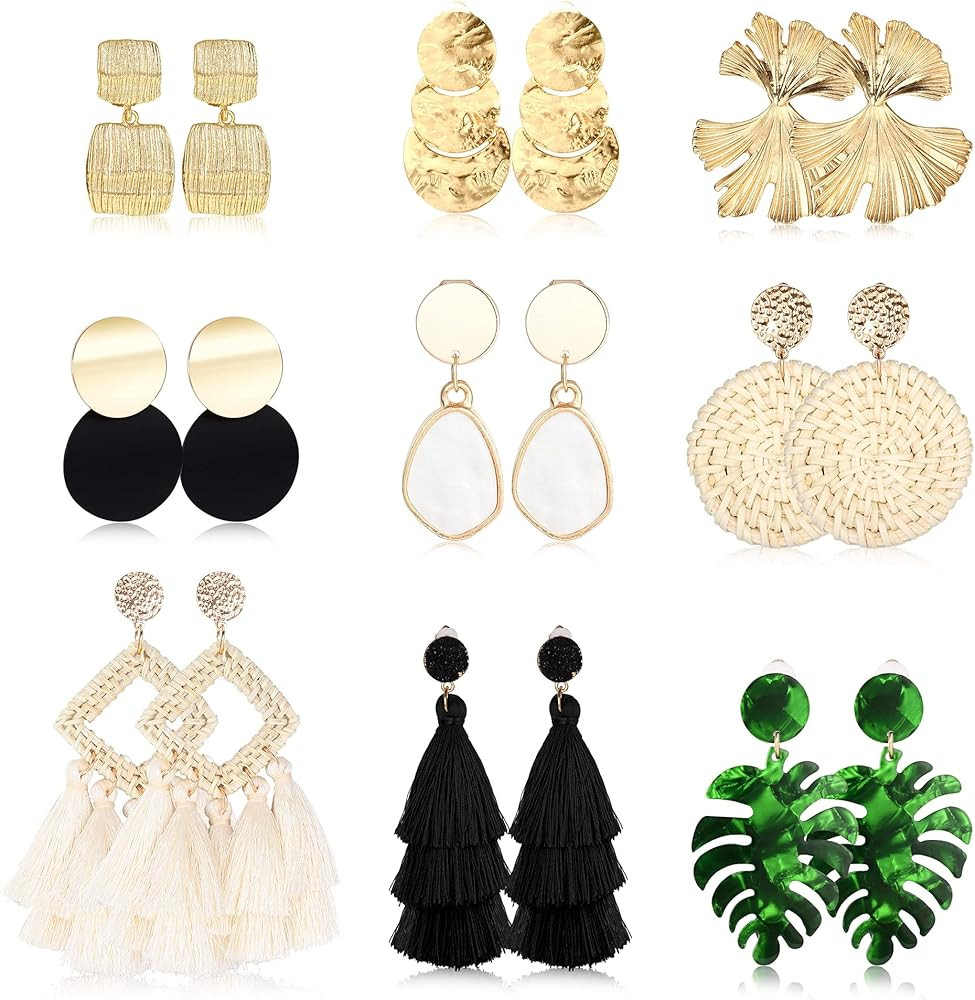 FINREZIO 9 Pairs Clip on Drop Earrings for Women Statement Rattan Resin Acrylic Drop Dangle Earri... | Amazon (US)