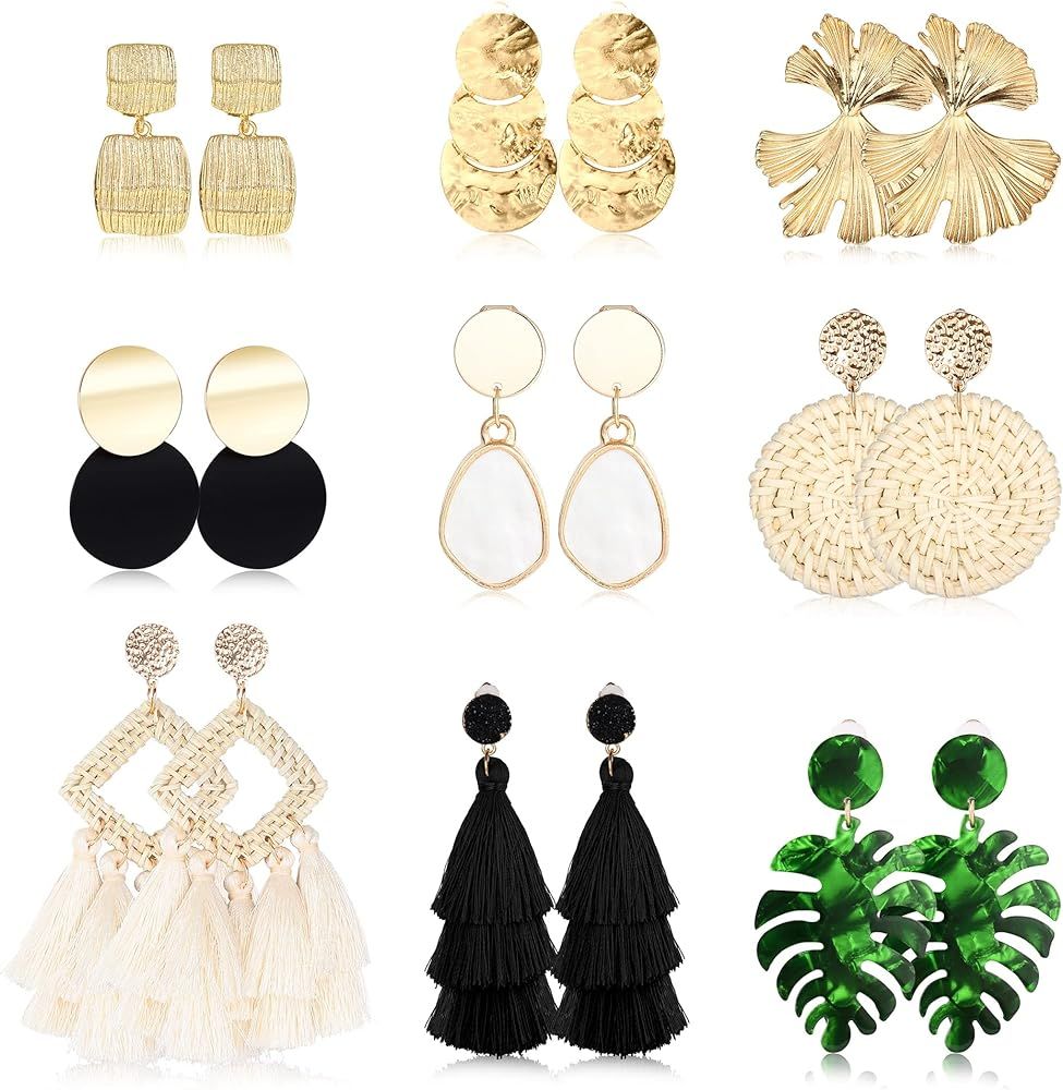 FINREZIO 9 Pairs Clip on Drop Earrings for Women Statement Rattan Resin Acrylic Drop Dangle Earri... | Amazon (US)