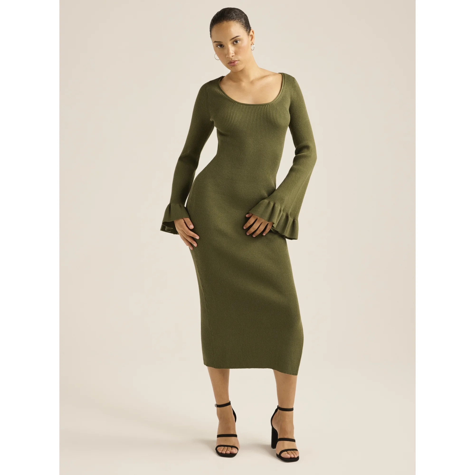 Scoop Women’s Midi Sweater Dress with Ruffled Bell Sleeves, Sizes XS-XXL | Walmart (US)