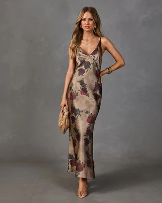Sienna Bloom Floral Satin Maxi Dress Olive Multi / L | VICI