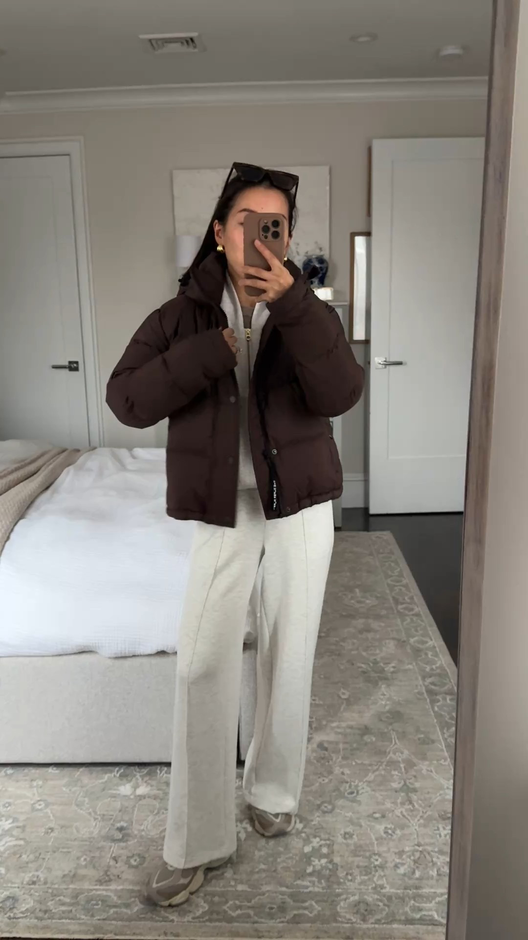 Puffer on sale 

• Aritzia Super Puff Puffer Coat Shorty xxs - classic fit, looser on me compared to their Supersnug fit versions. 

Water and wind resistant, very warm and lightweight. Length: they have short, Mid, and Long. machine washable

• Varley wide leg pants 28" inseam xxs, sleek, elevated, soft and comfortable

• Varley Davidson woven sweatshirt in ivory marl xxs, double soft material is the best and worth it IMO. 

For another Petite friendly pullover I also like and own the Hawley in navy and brown 

• new balance 9060 sneakers kids size 4, fits like a women’s 6 . these are so comfy! With a chunkier higher sole so my pants don’t drag on the ground

• BP sunglasses

Athleisure outfit, travel outfit, petite friendly, easy mom outfit

#LTKActive #LTKPetite #LTKTravel