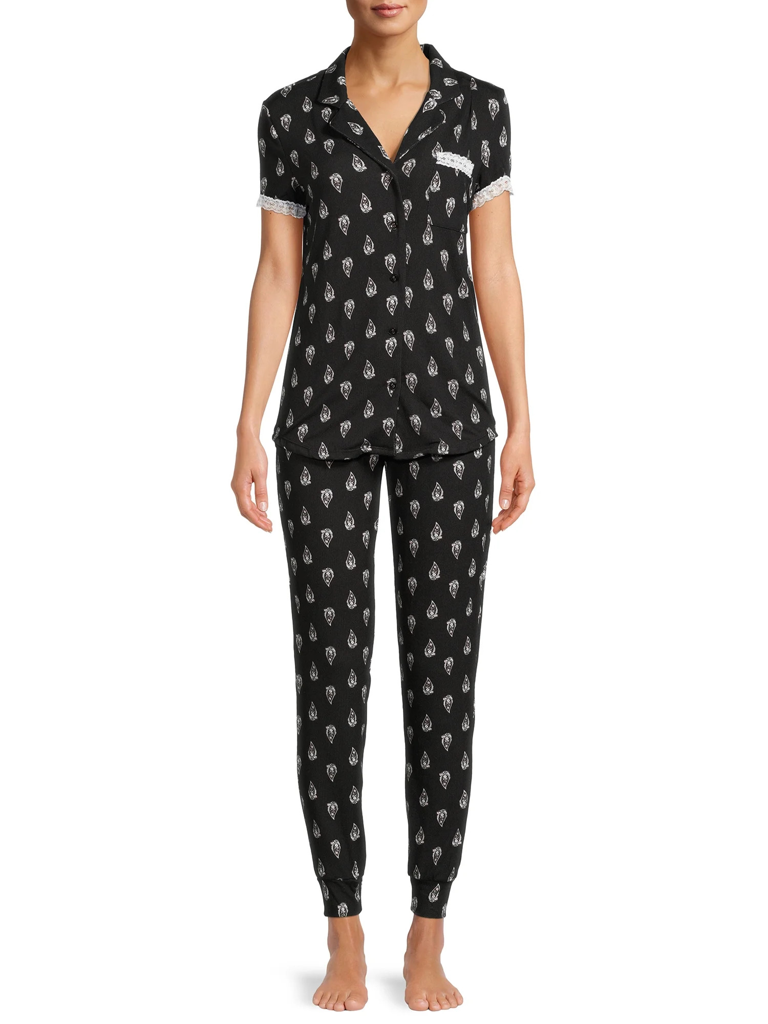 Catherine Malandrino Women's and Women's Plus Notch Collar Top and Joggers Set with Lace Detail, ... | Walmart (US)