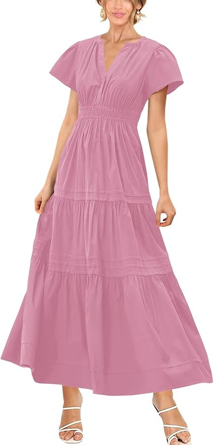 Doshoop Women's Summer V Neck Maxi Dress Casual Ruffle Short Sleeve Tiered Flowy Boho Beach Long ... | Amazon (US)