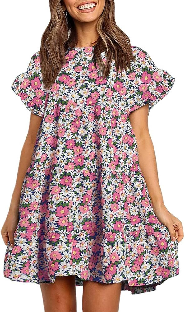 Chuanqi Womens Ruffles Boho Floral Printed Babydoll Loose Swing Casual Short Mini T-Shirt Dress | Amazon (US)