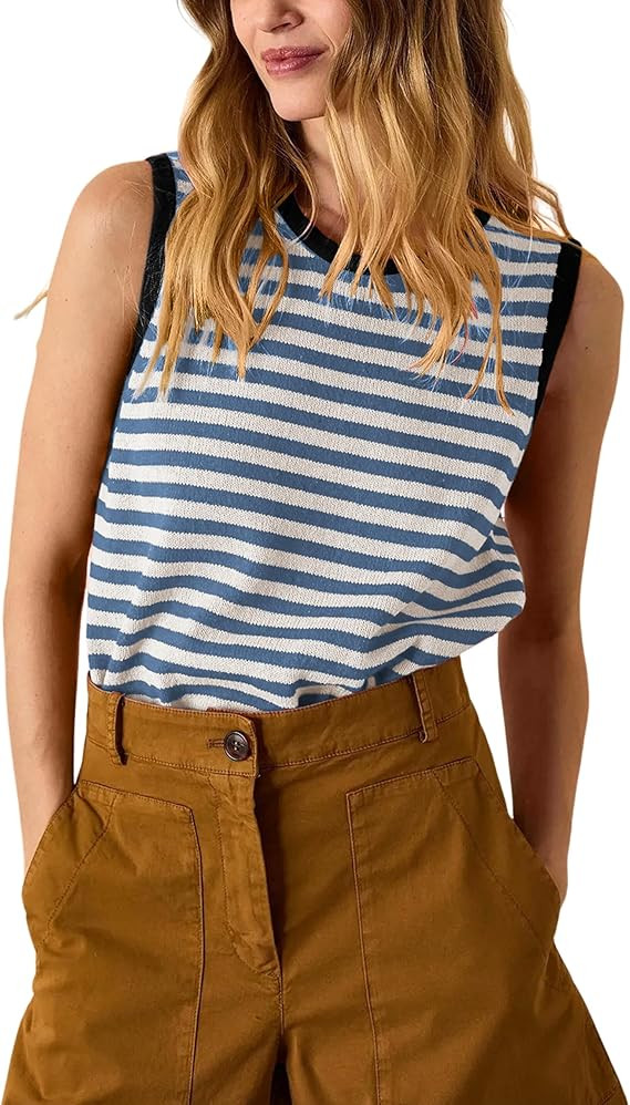 Hongsui Women's Striped Color Block Sweater Vest Ribbed Knit Tank Tops Oversized Crewneck Pullove... | Amazon (US)