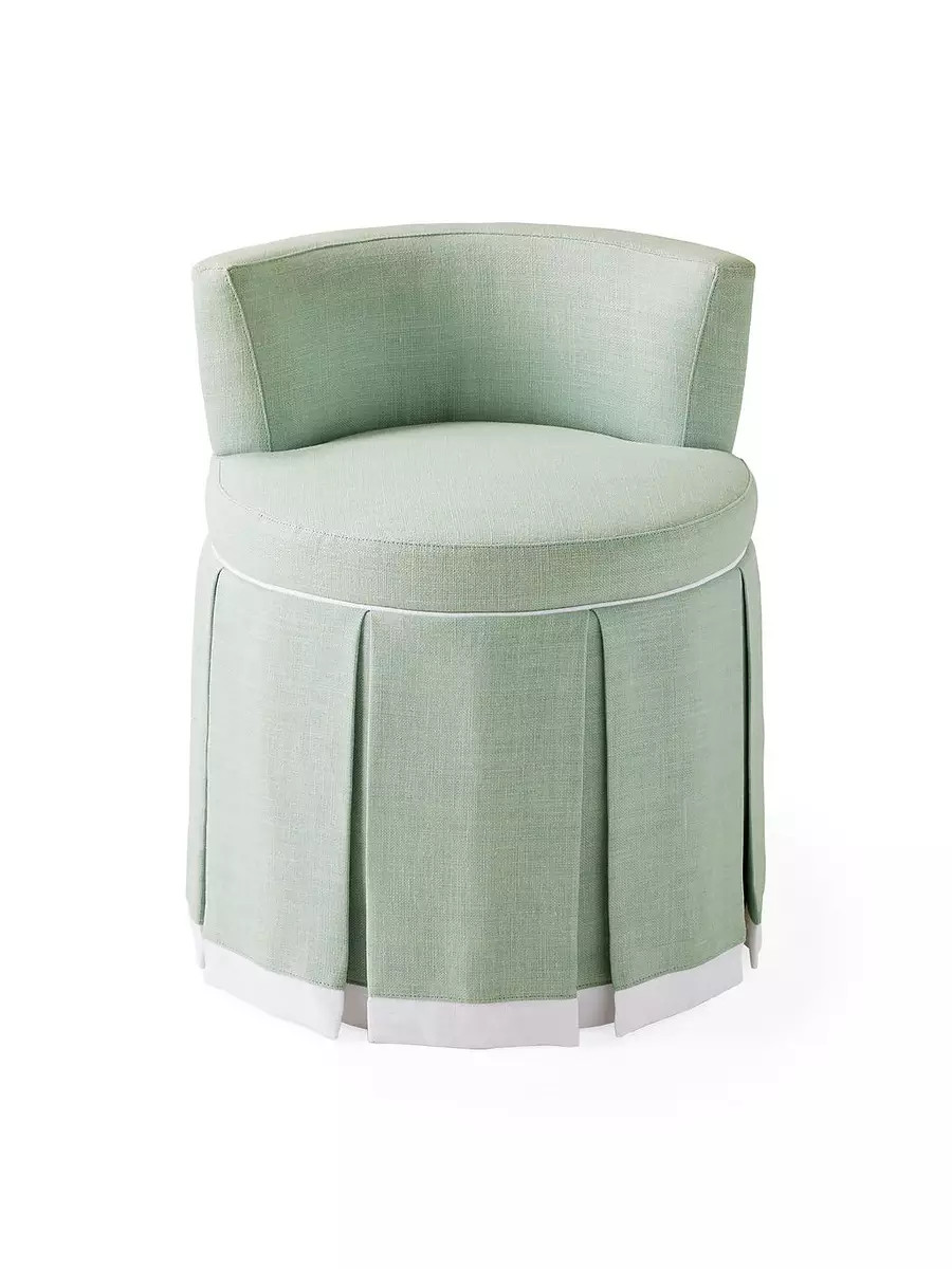 Harrison Vanity Chair in Washed Linen with White Belgian Linen Piping & Border | Serena and Lily