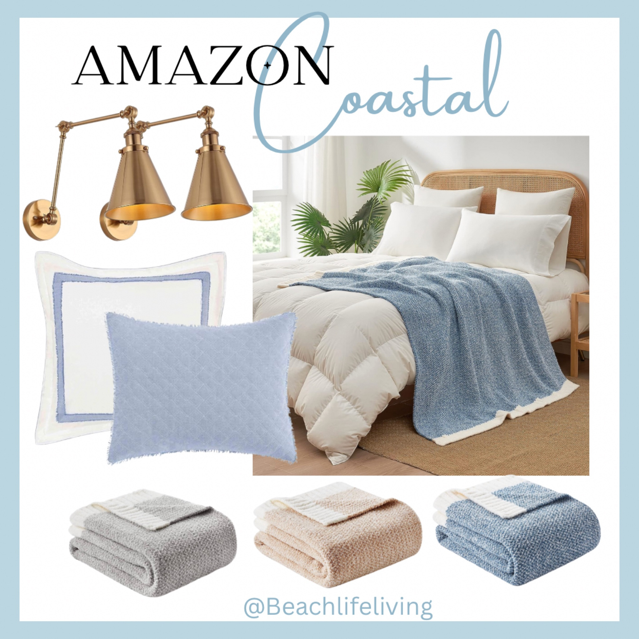 Coastal blues bedding from Amazon , 
Snuggle Sac  Heather Blue throw blanket 
Blue throw pillows , Eurasia Sham pillows, Brass Gold Adjustable Arm wall sconce 


#LTKFind #LTKfamily #LTKhome