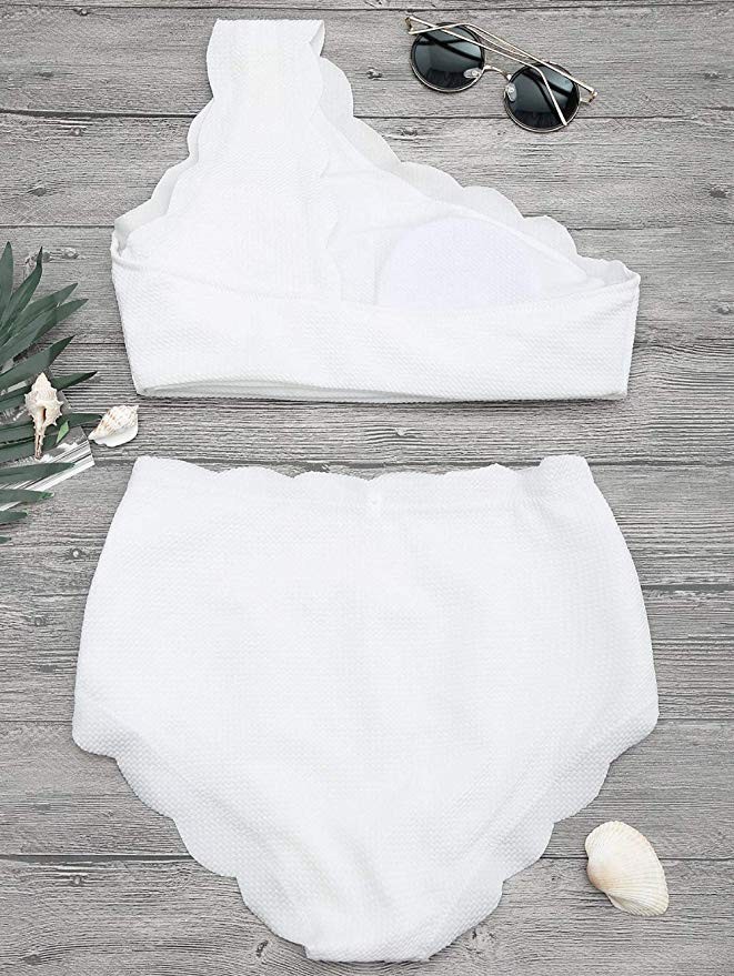 High Waisted Swimsuit Two Piece Bikini Set Scalloped Vintage Women Off Shoulder Elastic Swimwear | Amazon (US)