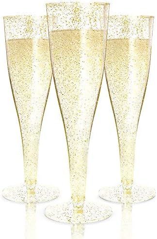 24 Plastic Champagne Flutes Disposable | Gold Glitter Plastic Champagne Glasses for Parties | Gli... | Amazon (US)