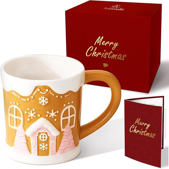 Christmas Mugs - Holiday Card & Gift Box Included - Candy Cookie House Design - Funny & Cute Chri... | Amazon (US)