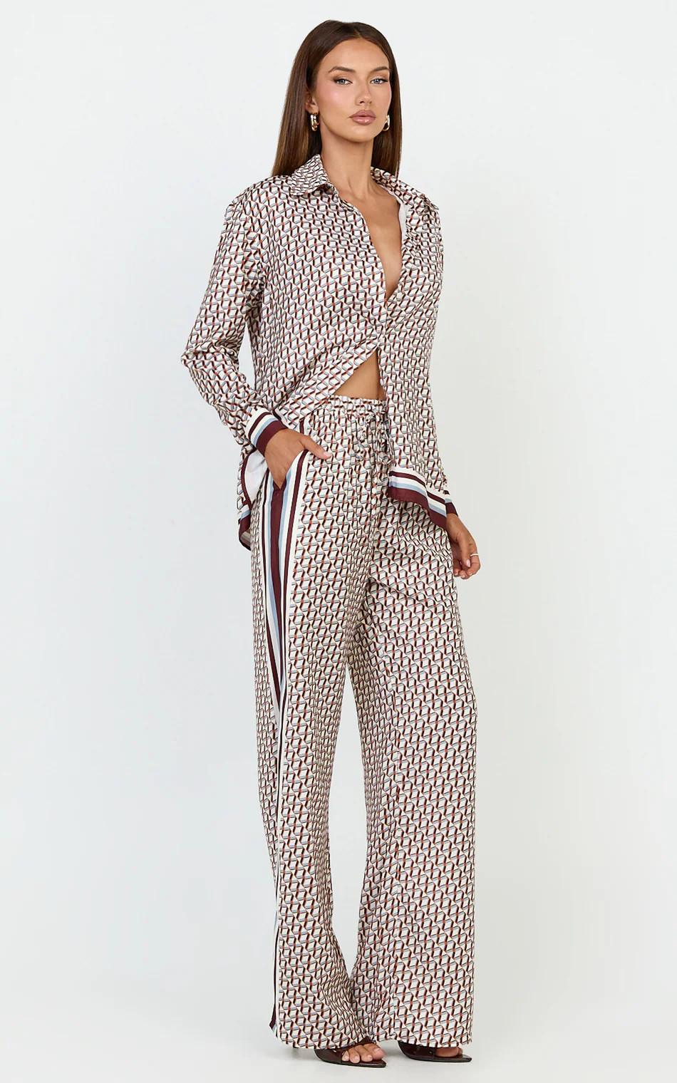 Geo Border Print Button Front Long Sleeve Shirt in Multi | Showpo (US, UK & Europe)