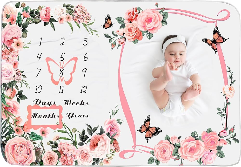 Chumia Baby Monthly Milestone Blanket for Baby Girl 59"x39" Floral Butterfly Photo Prop Blanket B... | Amazon (US)