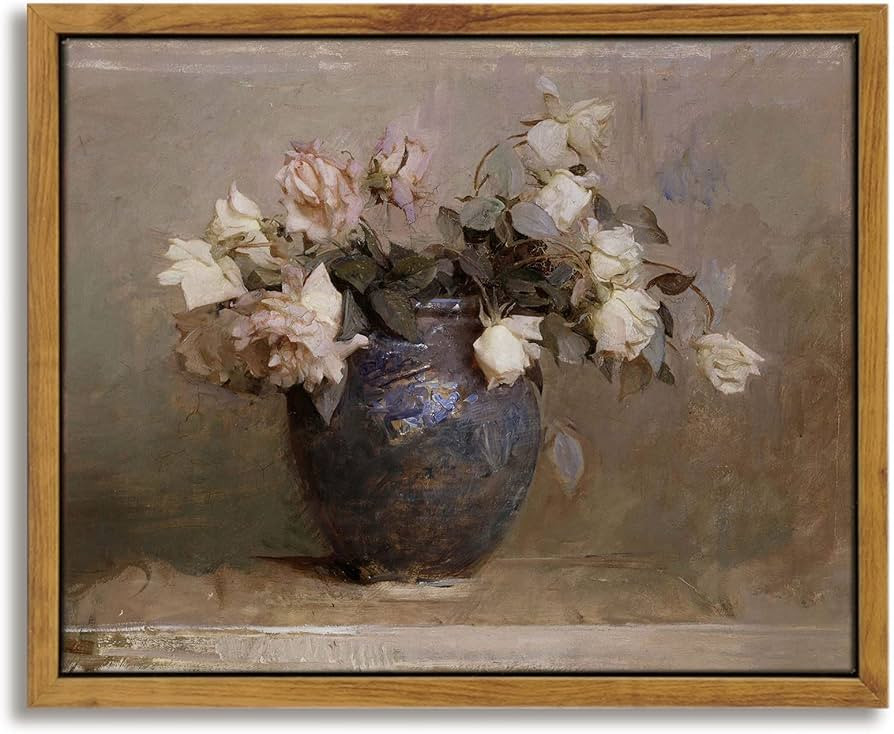 InSimSea Framed Canvas Wall Art Vintage Decor, Roses in Vase Classical Oil Paintings for Wall Dec... | Amazon (US)