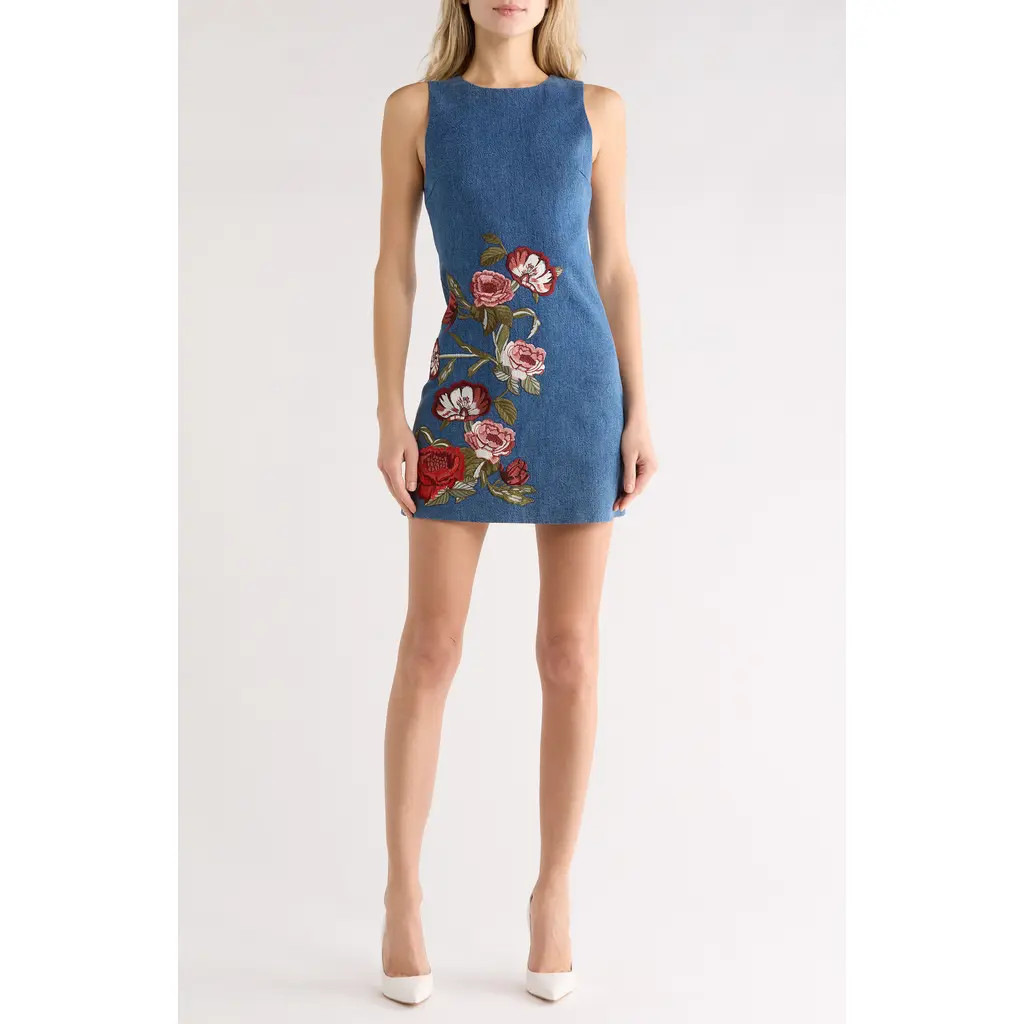 Alice + Olivia Cade Floral Embroidered Sleeveless Denim Dress in Brooklyn Blue/Multi at Nordstrom Rack, Size 6 | Nordstrom Rack