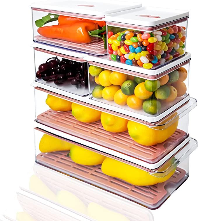 MineSign 6 Pack Plastic Stackable Food Storage Containers With Vented Lids And Drain Tray For Ref... | Amazon (US)