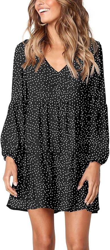 Womens Casual Tunic Dress V Neck Polka Dot Swing Dress Boho Dress Black L at Amazon Women’s Clo... | Amazon (US)