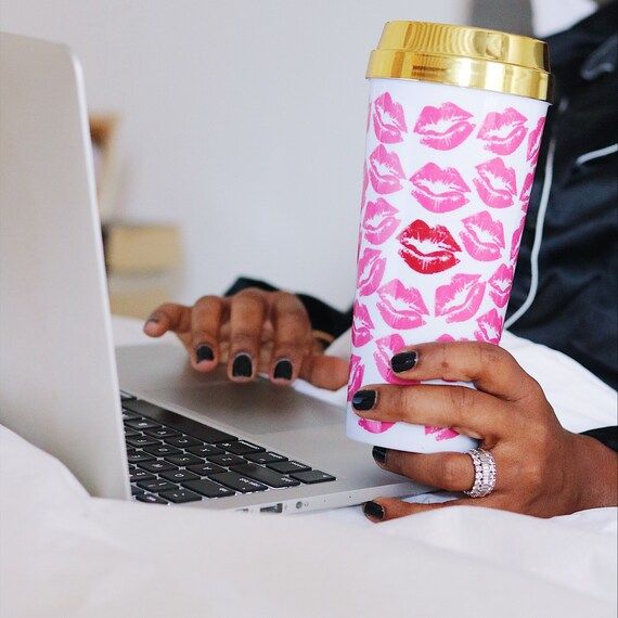 Travel Coffee Mug Gold Lid: Kiss Me! | Lipstick, Metallic Gold Coffee mug - travel mug - lipstick... | Etsy (US)
